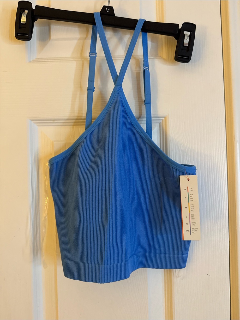 Blue Ribbed Cropped Tank with Crossback Straps